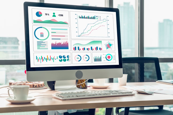 Marketing Dashboards on a Computer Screen overlooking a city