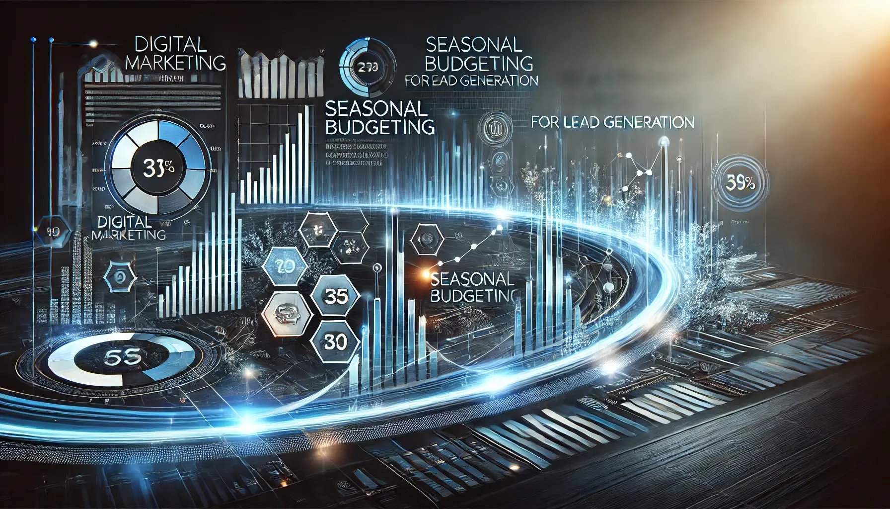 DALL·E 2024-11-19 10.39.22 - A sleek, futuristic horizontal digital marketing design focused on seasonal budgeting for lead generation. The image features abstract glowing data ch